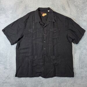 Linen Guayabera Shirt Mens XL Black Rayon Short Sleeve Embroidered Caribbean